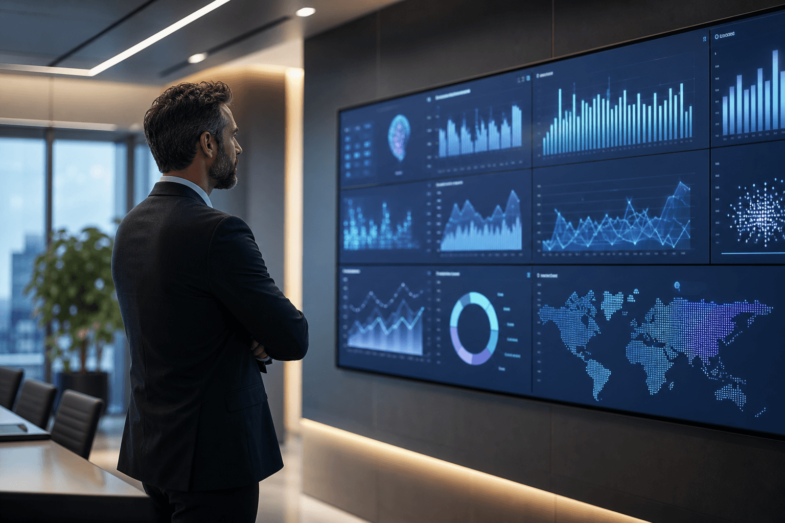 Boardroom screen showing abstract business intelligence visualisations